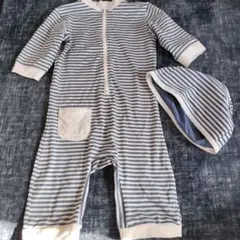 青と白のストライプロンパースと帽子セット