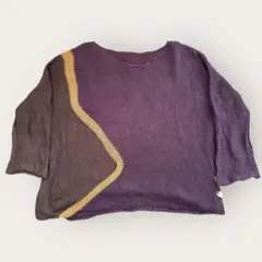 配色デザインニット モーブ紫 七分袖 ショート丈 古着