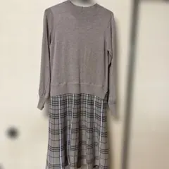 ニットドッキングワンピース チェック柄 プリーツスカート ベージュ 長袖L L