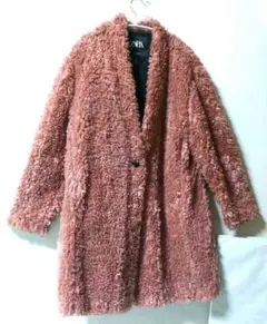 【未使用】 ZARA ノーカラーフェイクファーコート　SIZE L ピンク