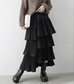 spray 春服 ロングスカート 黒 ティアードスカート プリーツ アシメ