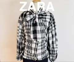 ZARA チェック　リボン付きシャツ 黒白　チェック　長袖　ブラウスXS