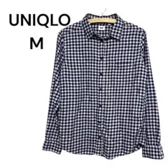 ユニクロ フランネルチェックシャツ M 紺×白 ギンガムチェック 綿100 美品