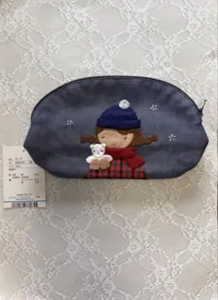 familiar 女の子とクマ刺繍ポーチ ネイビー