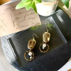 天然石ピアス ゴールド パール 夏アクセ 揺れる海 プール