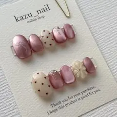 【サイズオーダー】 マグネットネイル　ニュアンス　淡色　リボン　ハート　赤　花