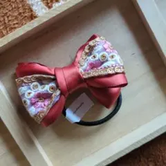 赤色インド刺繍リボンヘアゴム