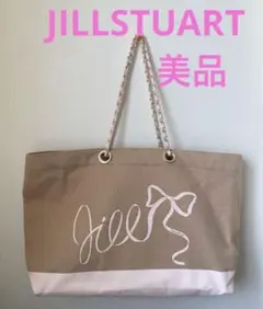 【ジルスチュアート】キャンバストートバッグ　リボン柄　ベージュ×ピンク