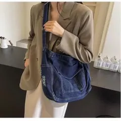 ショルダーバッグ デニム　トートバッグ ダメージ加カジュアル ヴィンテージ風
