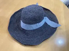 ダークブルー ストローハット リボン付き