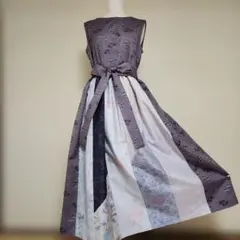 ボートネックのワンピースM　大島紬と紬　パッチワーク　ノースリーブ　着物リメイク