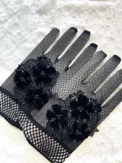 黒のフィンガーレスグローブ 花刺繍付き