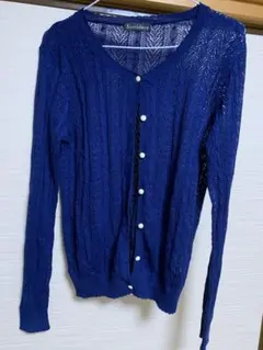 しまむら　ケーブル柄パールボタン透かし編みニットカーディガン　ネイビー紺　LL