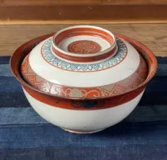九谷焼永楽造！赤絵の蓋付き丼　茶碗！色絵　染付　骨董品　アンティーク　和食器