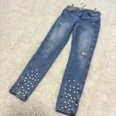 【ZARA BASIC】パール装飾　ストレッチスキニー　ダメージ加工　Mのサムネイル