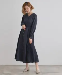 grove サイドプリーツシャツワンピース ネイビー