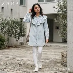 希少 ZARA ザラ デニムシャツ ライトブルー フリル M ロング チュニック