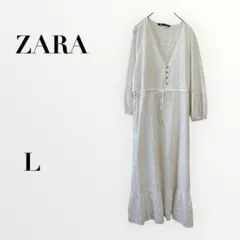 ザラ ロングワンピース ドット柄 アイボリー L 体型カバー　ウエストリボン