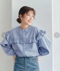 Titivate ボリュームスリーブフリルブラウス　ストライプ　青　Mシャツ