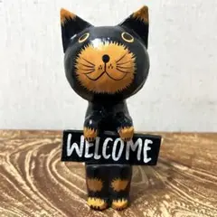黒猫さんのウェルカムボード16 ハンドメイド 木製 バリ猫 木彫り置物 動物雑貨
