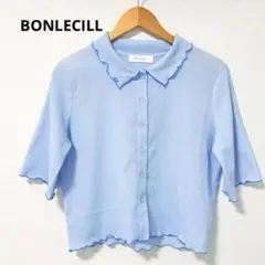 BONLECILL ボンルシール 配色メロー楊柳５分袖シャツブラウス ブルー