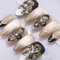 287 ネイルチップSサイズ 韓国 上品 フレンチ 立体フラワー マグネット　黒