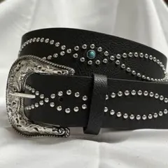 黒 レザー スタッズベルト ターコイズ Y2K 男女兼用　アメカジ　ウェスタン