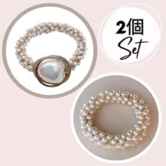 2点セット　ナチュラル クラシカル パール ビジュー ヘアゴム ホワイトゴールド