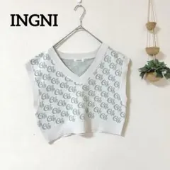 INGNI イング ロゴ 総柄 ニットベスト ショート丈 Vネック Mサイズ