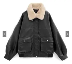 ファーティペット付きレザーブルゾン　フェイクレザージャケット　ブラック　GRL