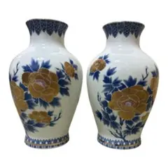 明陶作　九谷焼　牡丹柄　花瓶　花器　金彩　古美術品