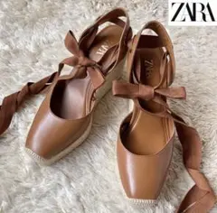 ZARA ウェッジソールサンダル　リボン編み上げ　ブラウン　24cm