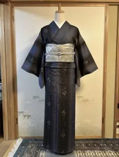 【美品】正絹 訪問着 縦縞 草花文様 藍黒 モダン 上品 着物 単品