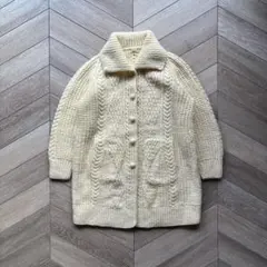 ハンドニット風 カーディガン ケーブル編み ロング丈 アイボリー ゆったり ML