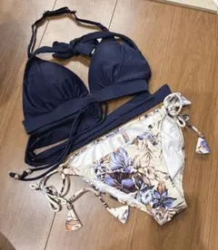 ネイビー セパレート水着 花柄 9号 ビキニ & ロングパンツ（水着）Mサイズ