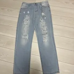 ダメージ加工 ライトブルー デニムパンツ