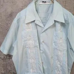 ビンテージ　キューバシャツ　レトロ　ポケット4つ　刺繍　ラインシャツ　XLサイズ