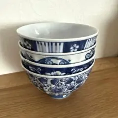 【美品】和柄 青白 茶碗 4点セット 来客用 和モダン 食器 まとめ売り