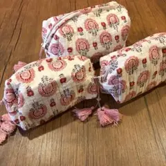 インドファブリック ポーチ3点セット 小中大 小物入れ 花