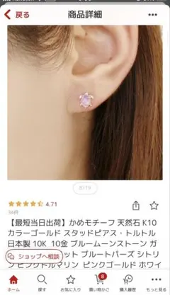 縁起物　亀　カメモチーフK10WG スタッドピアス ブルームーンストーン