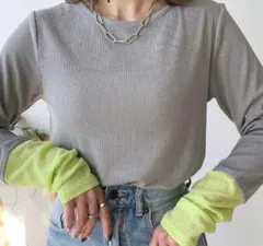 しまむら　mayo　グレー/ライム 長袖トップス　LL