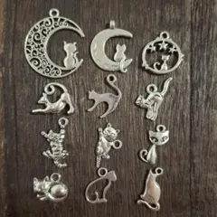 猫モチーフ チャーム 12個セット③ シルバーカラー 月 星 ねこ パーツ