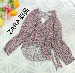 新品タグ付きZARA ザラ花柄ブラウス フラワー シフォン ラップ風 ゆったり