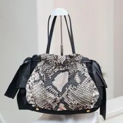 PRADA プラダ パイソン柄 ショルダーバッグ ナイロン レザー リボン 黒 