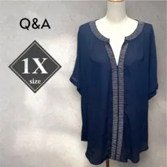 Q&A ネイビー 半袖 チュニック ブラウス 1X カフタン風 キラキラ刺繍