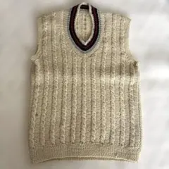 オフホワイト ニットベスト Vネック アイビールック手編み 昭和レトロ
