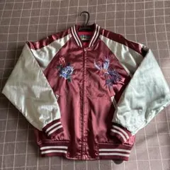 スカジャン バーガンディ/シルバー 鶴刺繍