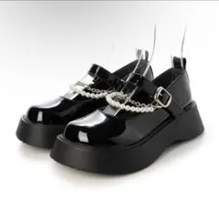 エナメル調 厚底シューズ ブラック ローファー サンダル パンプス パール