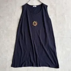 Plantation ノースリーブチュニックワンピース 紺 綿100 花刺繍のサムネイル