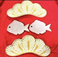 新品未使用　鯛　幸楽窯　小皿　お正月　迎春　有田焼　松　錦白金松葉形前菜皿